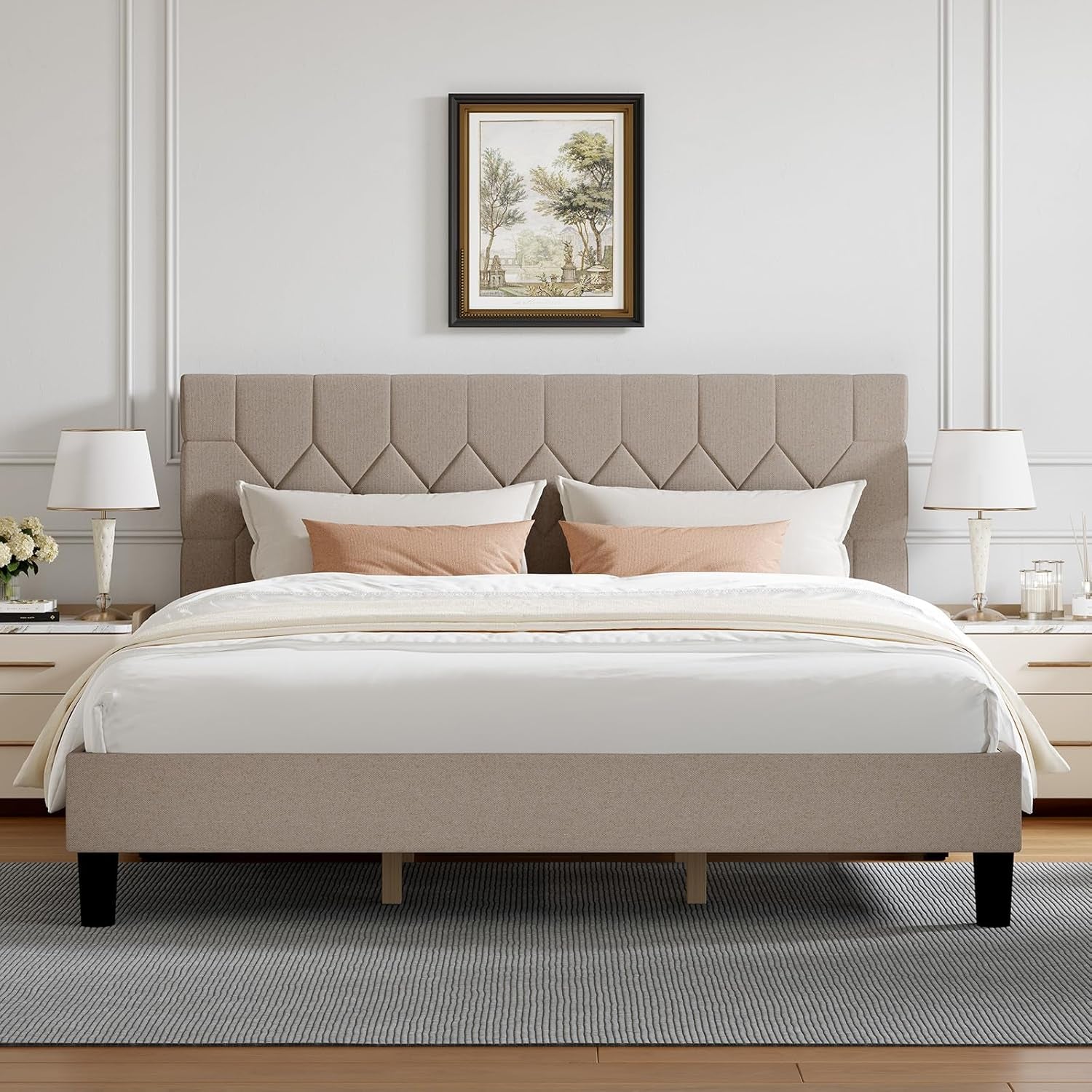 King Size Bed Frame, King Bed Frame and Headboard, Linen Upholstered Pull-Point Bed Frames, No Box Spring Needed, Heavy Duty Feet, Easy Assembly, Beige