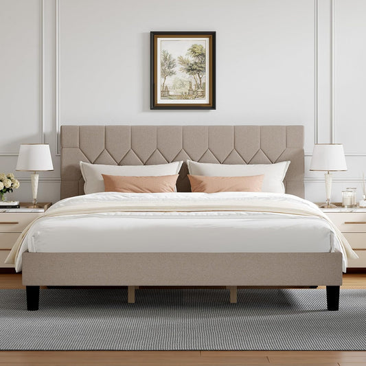 King Size Bed Frame, King Bed Frame and Headboard, Linen Upholstered Pull-Point Bed Frames, No Box Spring Needed, Heavy Duty Feet, Easy Assembly, Beige