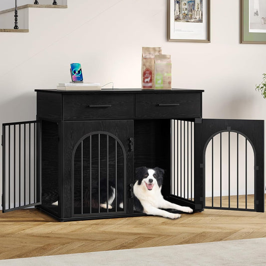 39.4'' Large Dog Crate Furniture with 2 Storage Drawers, Heavy Duty Dog Kennel Indoor with Charging Station, Wooden Dog Cage End Table Kennel for Medium/Large Dogs, Black DFC84204B