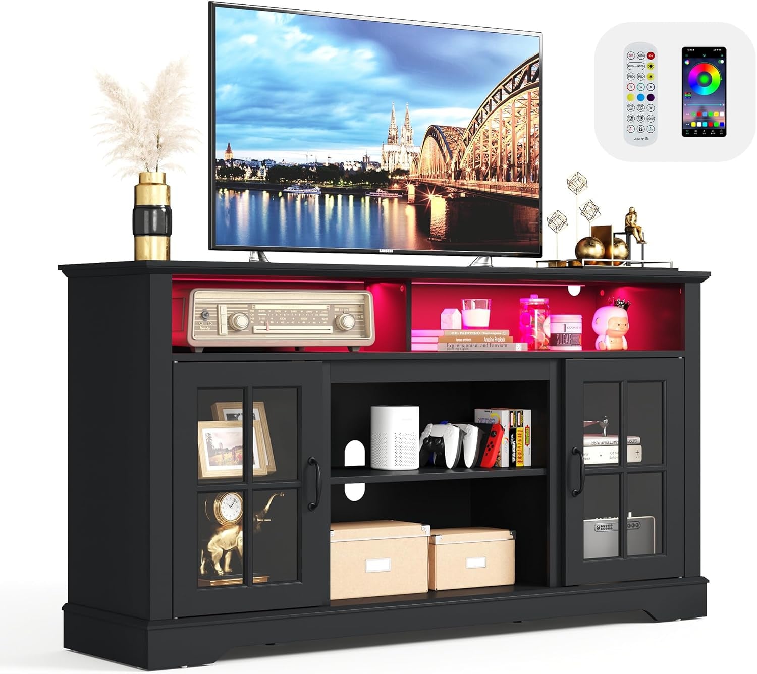 TV Stand for 65 Inch TV, 32" Tall Entertainment Center with LED Lights and Glass Door Storage Cabinet, Modern Farmhouse TV Media Console Table for Living Room, Black