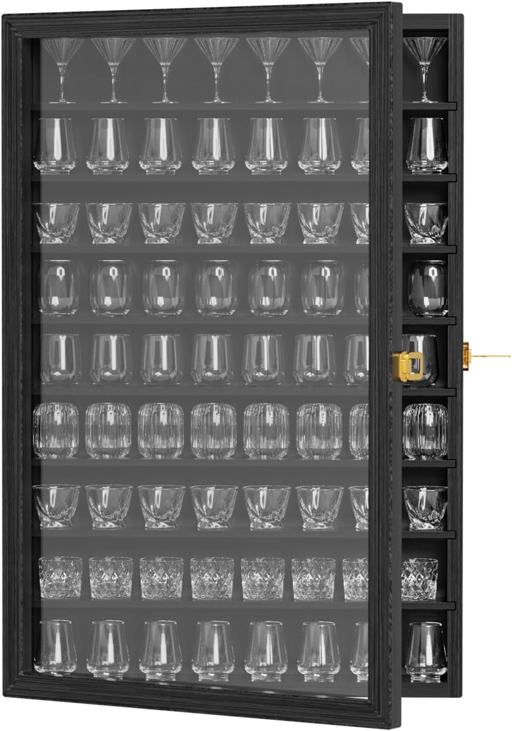 Shot Glass Display Case 72 Large Capacity Wooden Shot Glass Holder Wall Mounted Shadow Box Bar Cabinet with Acrylic Lockable Door and Removeable Shlves, 26.85"X17.5" X 3.35", Black