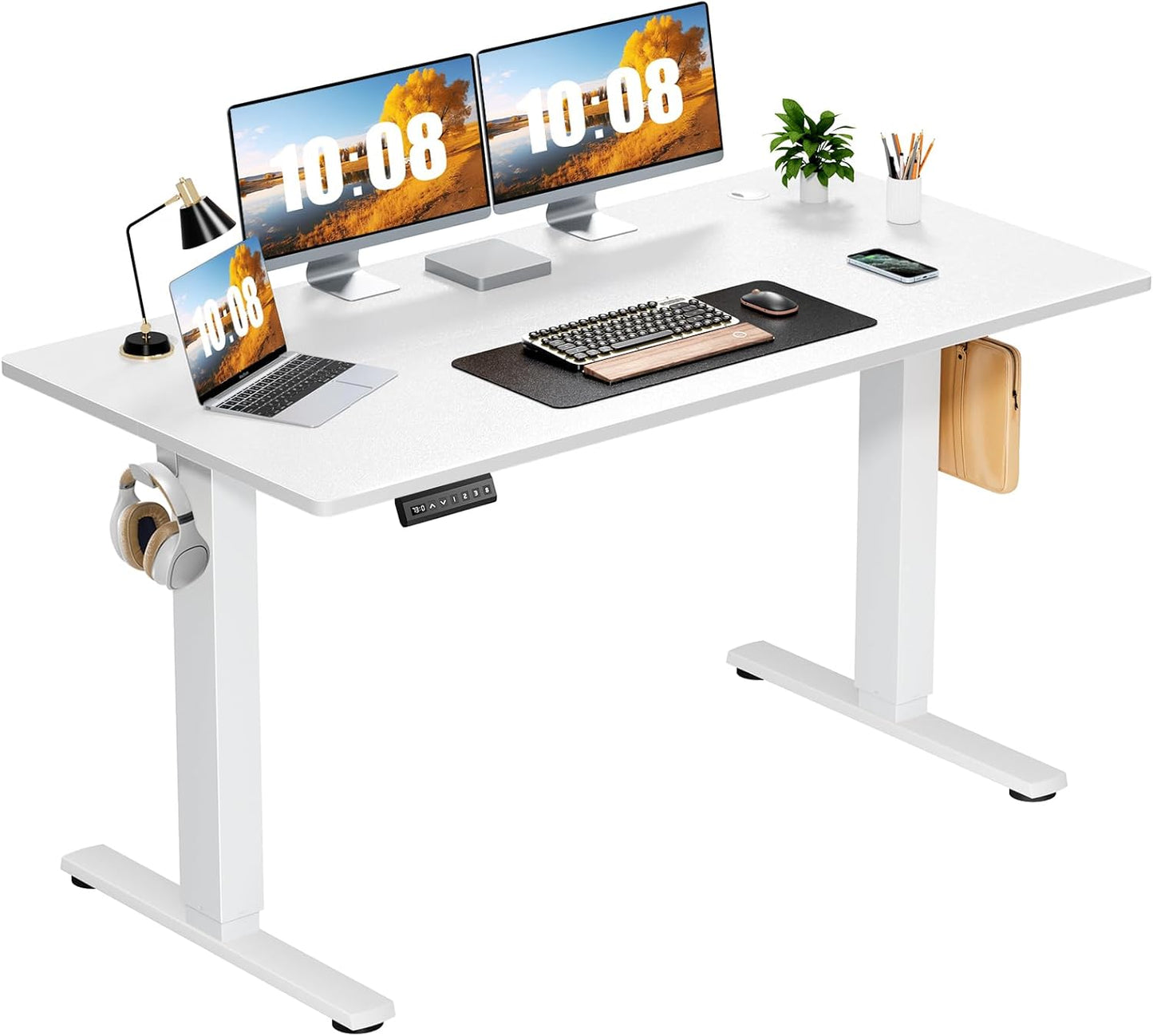Electric Standing Desk Adjustable Height, 55X24 Inch Sit Stand up Home Office Desks Computer Workstation PC Work Table with 3 Memory Preset Splice Wood Board Metal Frame, White