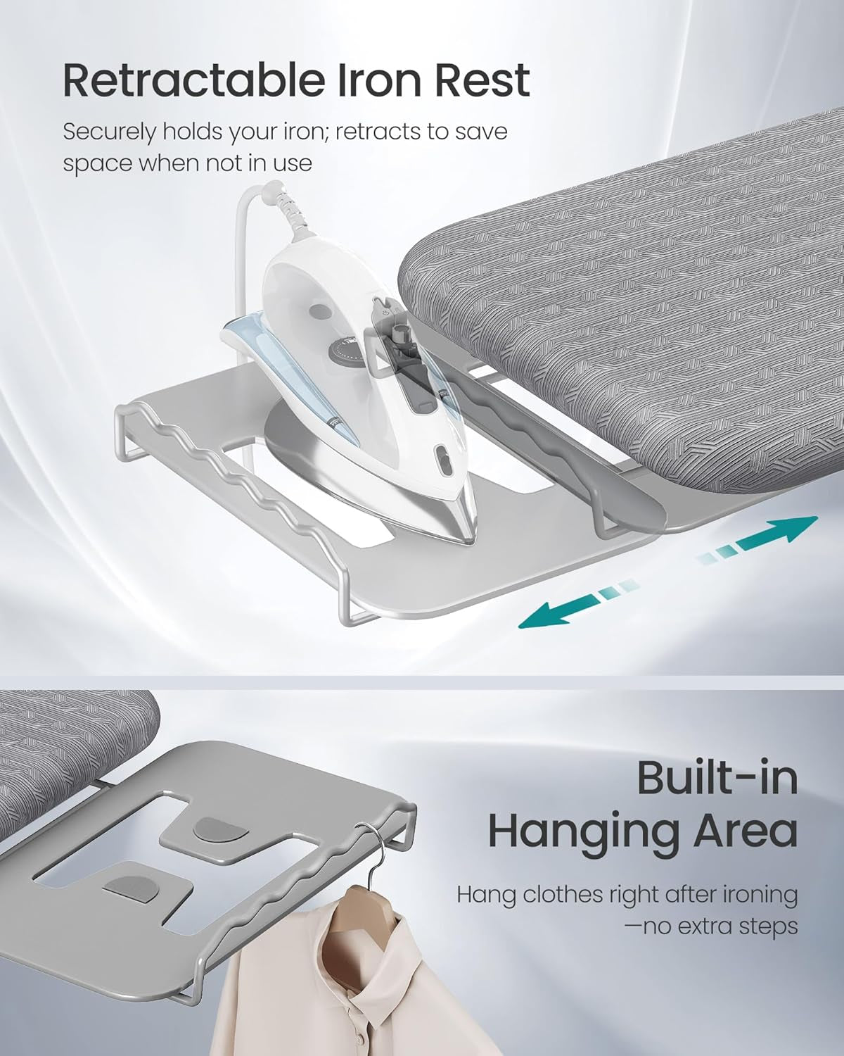 Ironing Board, Retractable Iron Rest, Foldable Iron Board, 43 X 13 Inches, Space-Saving, Height Adjustable, Padded with Cover, Hook, Dove Gray ULLB003GD02S