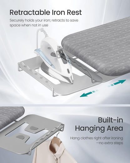 Ironing Board, Retractable Iron Rest, Foldable Iron Board, 43 X 13 Inches, Space-Saving, Height Adjustable, Padded with Cover, Hook, Dove Gray ULLB003GD02S