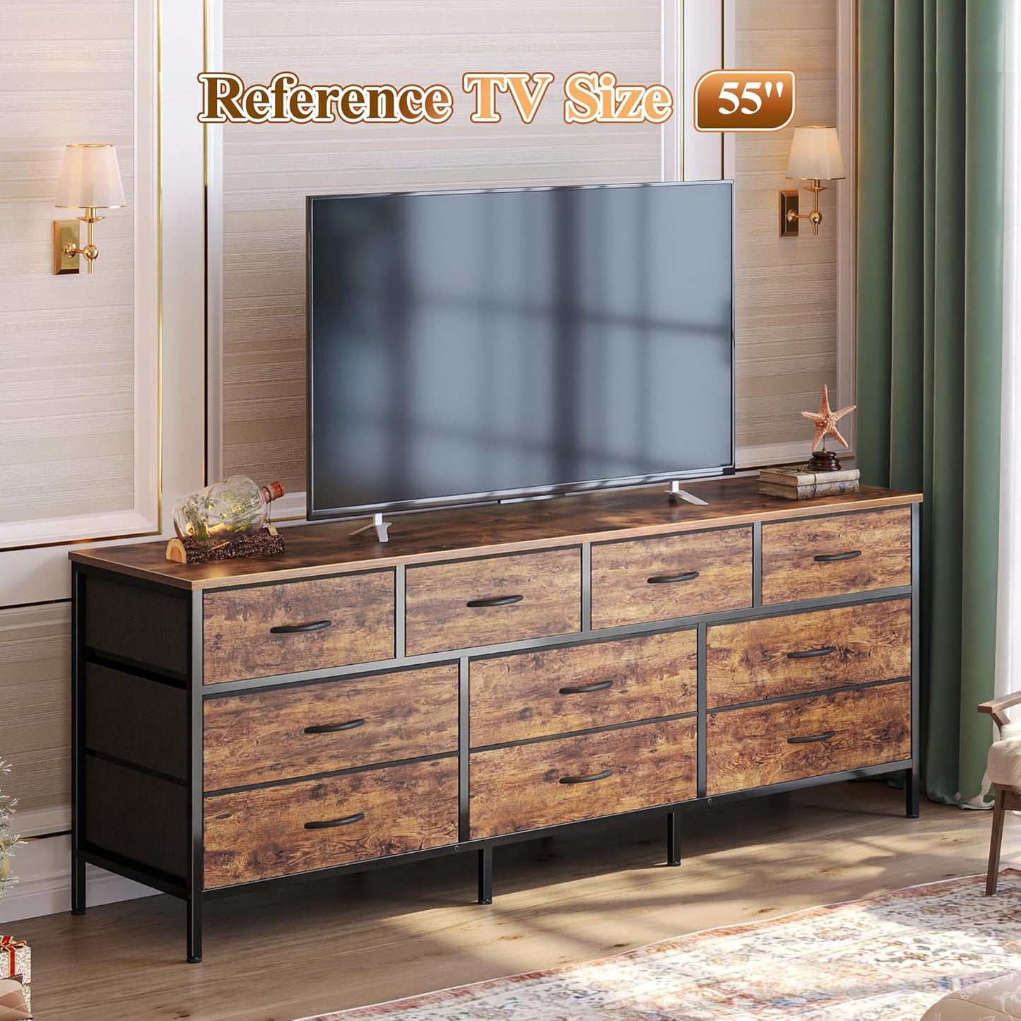 63 Inch Dresser for Bedroom, Long Dresser with 10 Fabric Drawers, TV Stand for 55, 65, 70 Inch TV, Toy Storage Organizer for Closet, Rustic Brown