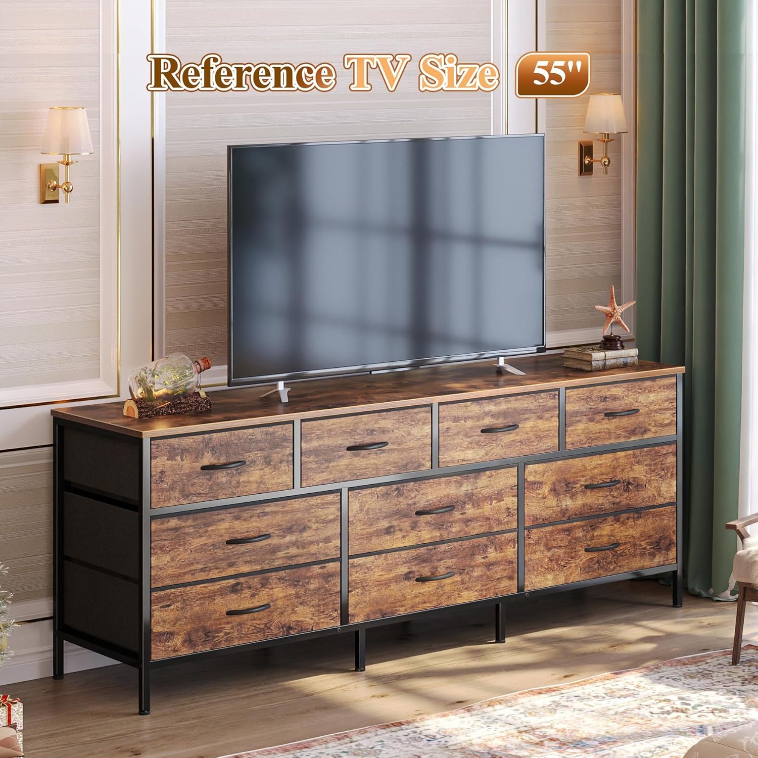 63 Inch Dresser for Bedroom, Long Dresser with 10 Fabric Drawers, TV Stand for 55, 65, 70 Inch TV, Toy Storage Organizer for Closet, Rustic Brown