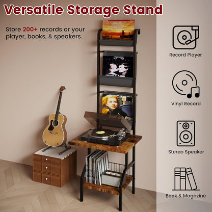 Record Player Stand with Vinyl Storage, Record Player Table Holds up to 200 Albums, 5-Tier Turntable Stand for Living Room, Rustic Brown