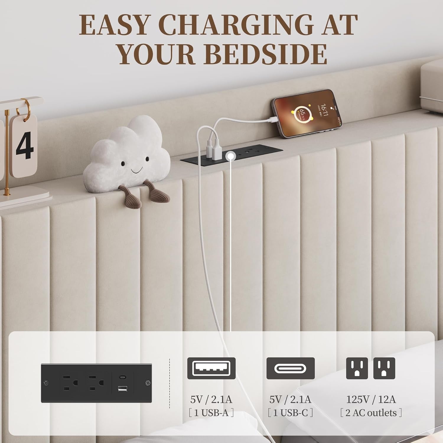 Queen Bed Frame with USB Charging Station and Storage Shelf/Upholstered Headboard Platform Bed with Wing Side/Wooden Slats Support/Noise Free/No Box Spring Needed/Easy Assembly, Ivory