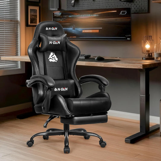 Video Gaming Chair with Footrest Lumbar Support for Home Office High Back Recliner Height Adjustable Ergonomic Comfy Leather Computer Desk Chair (Black)