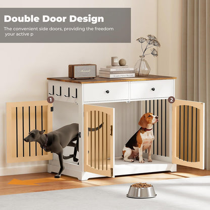 40" Dog Crate Furniture, Wooden Dog Kennel Furniture with Storage Drawers, End Table Dog House Indoor, Decorative Dog Crates for Small Medium Large Dog, White