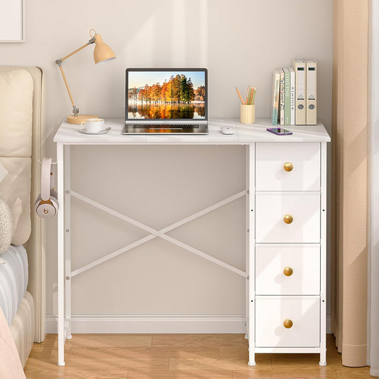 Small White Desk with Drawers for Bedroom, 35.4 Inch Kids Girls Teens Student Writing Desk with Storage, Reversible Study Table, White Computer Desk for Home Office, Makeup Vanity Desk for Small Space