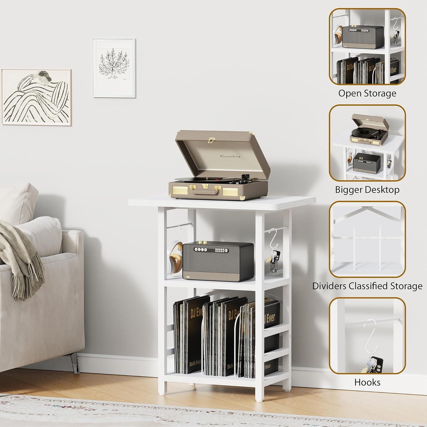 Record Player Stand with Extended Desktop,Large Record Player Table with Vinyl Storage,Turntable Stand with Record Holder Vinyls Display Shelf for Music Room Studio,White