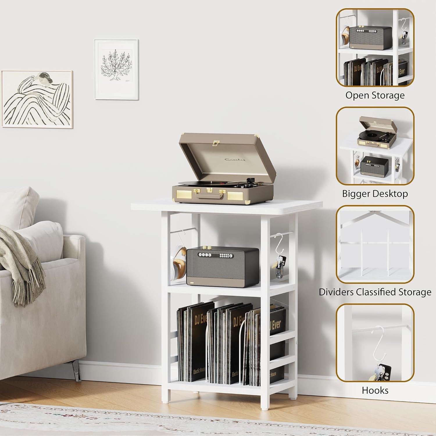 Record Player Stand with Extended Desktop,Large Record Player Table with Vinyl Storage,Turntable Stand with Record Holder Vinyls Display Shelf for Music Room Studio,White