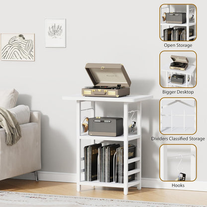 Record Player Stand with Extended Desktop,Large Record Player Table with Vinyl Storage,Turntable Stand with Record Holder Vinyls Display Shelf for Music Room Studio,White