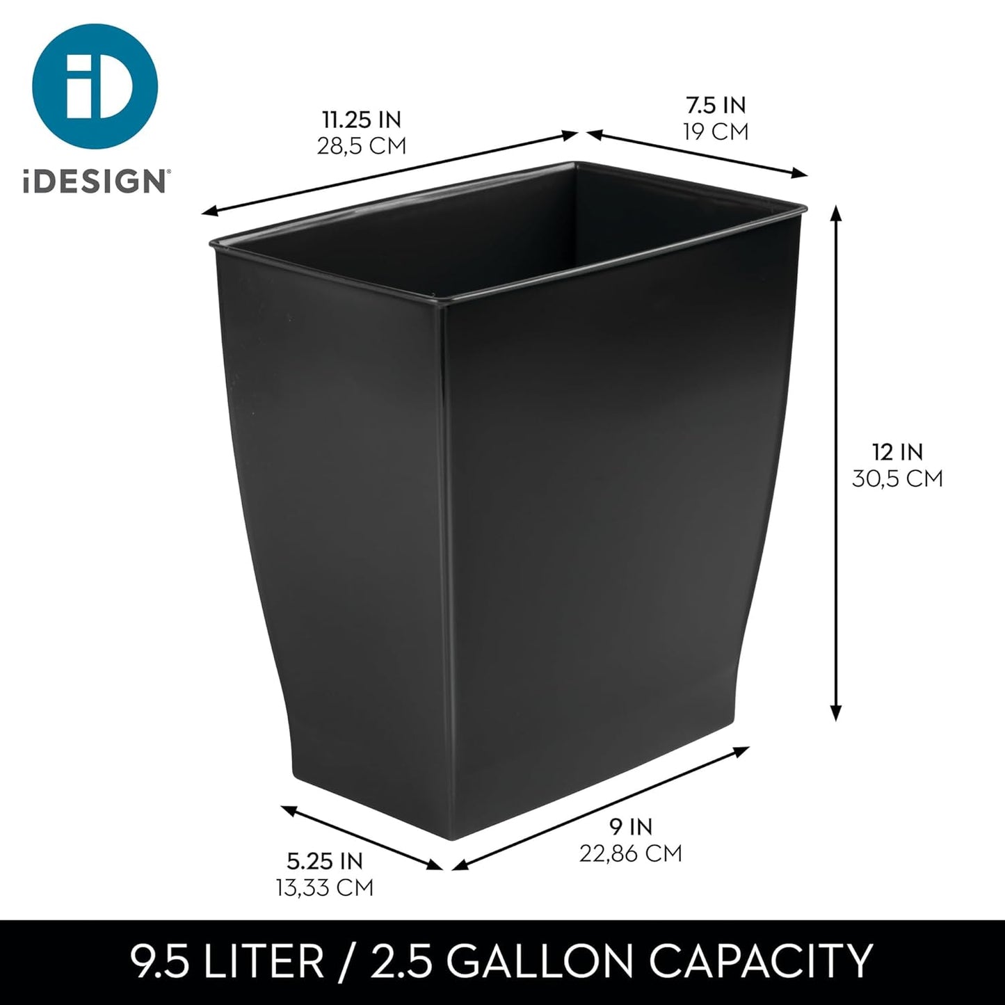 Idesign Small Plastic Bathroom Trash Can, Slim Rectangle Garbage Bin for Bedroom, Office, Dorm, Black
