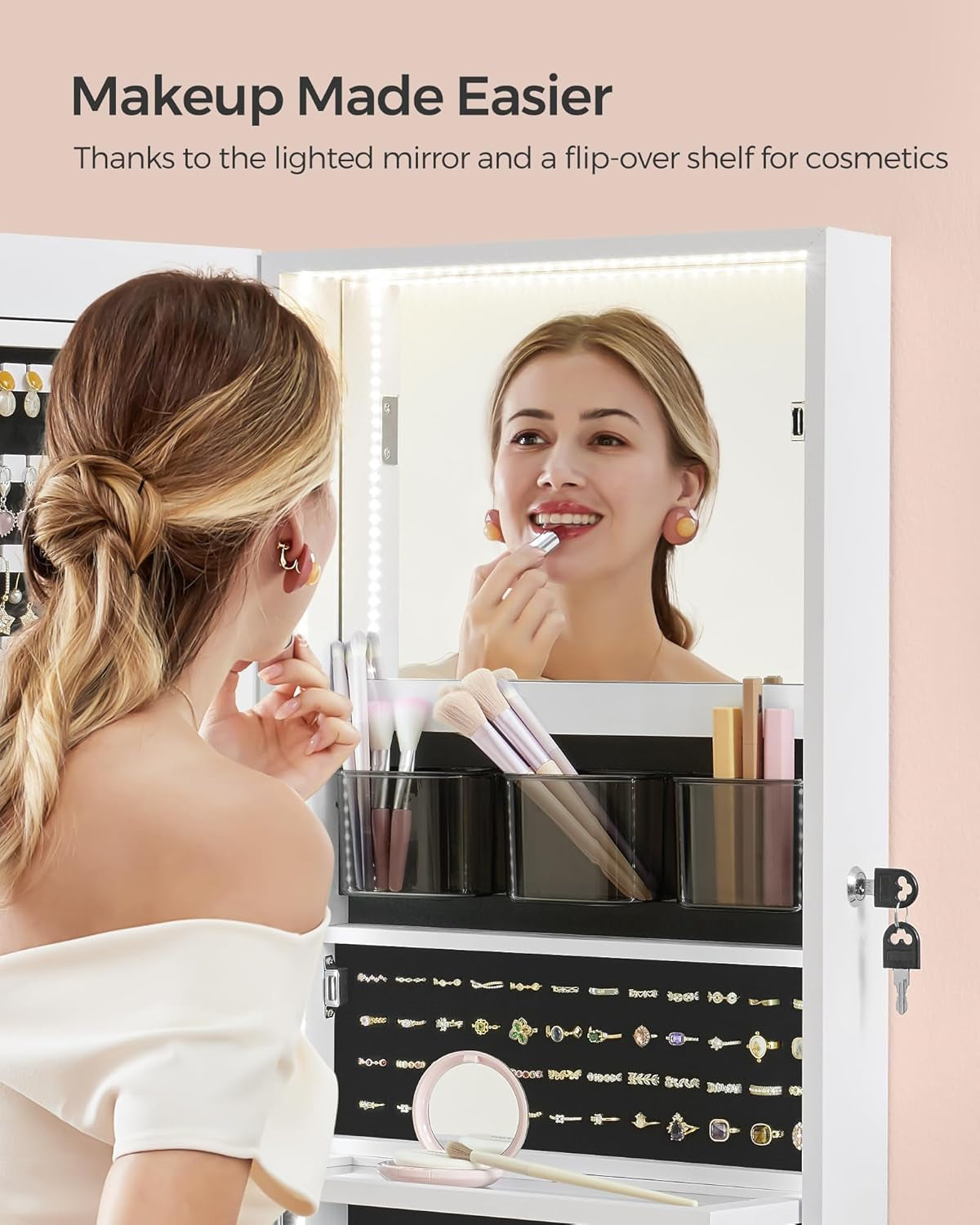 55 Inches Tall Spacious Jewelry Cabinet, Jewelry Armoire with Light-Up Interior Mirror, Wall or Door Mounted Jewelry Storage Organizer, Lockable, Gift Idea, Cloud White UJJC032W01