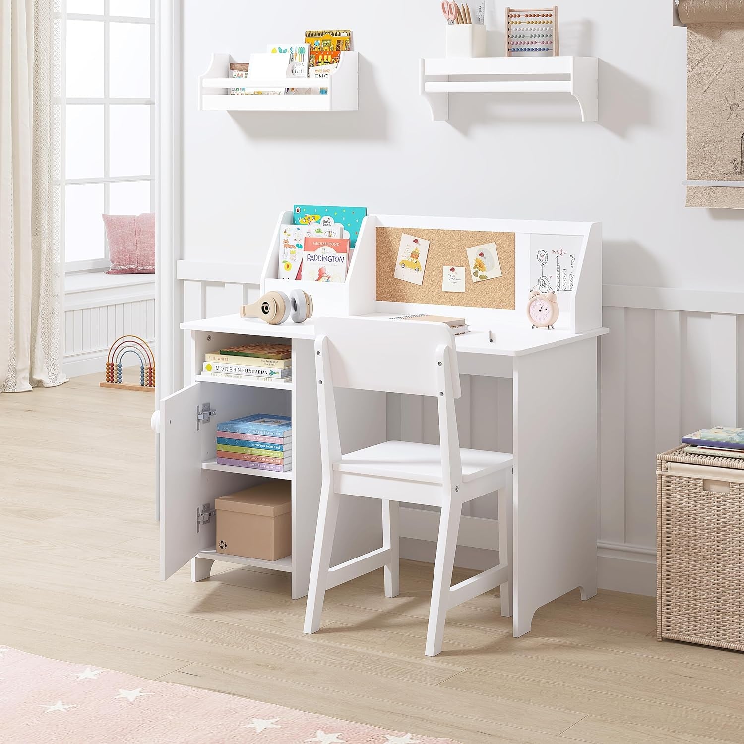Kids Study Desk with Chair, Kids Desk and Chair Sets with Hutch for 3-8, Wooden Children Study Table, Student Writing Table Computer Workstation