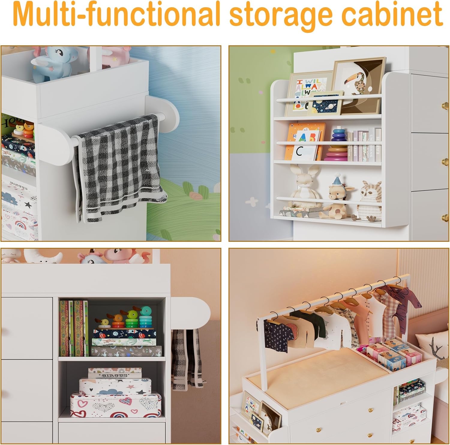 Modern Changing Table Dresser,Baby Dressing Table with 4 Drawers and Storage Shelves,Multi-Functional Baby Changing Table with Drying Rack for Nursery, White