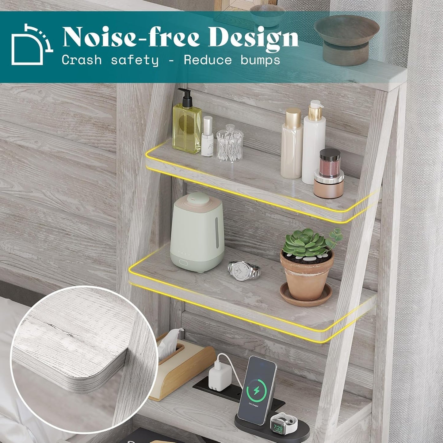 Queen Bed Frame with Bookcase Headboard & 4-Tier Bedside Shelf, Farmhouse Platform Bed with Charging Station and 2 Drawers, Noise-Free