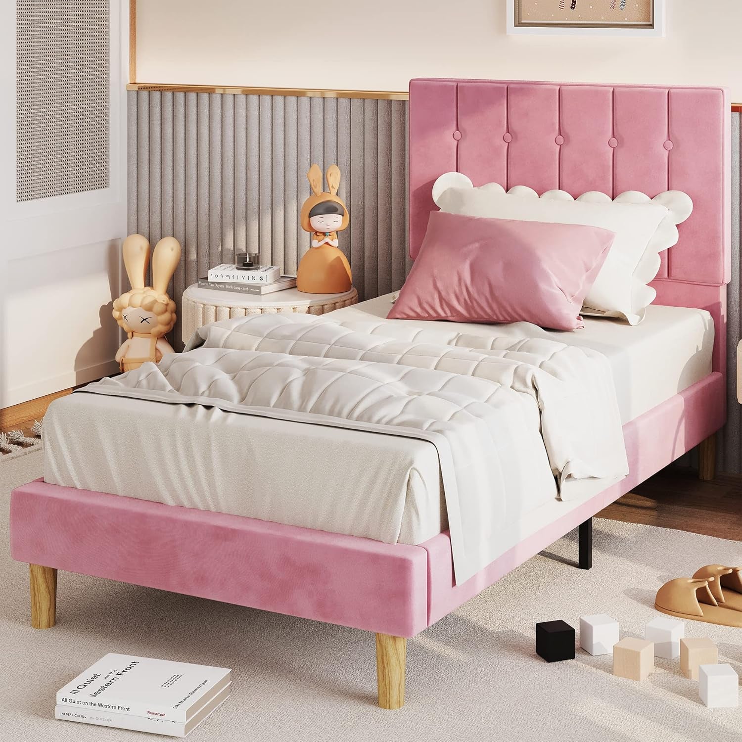 Twin Bed Frames, Velvet Upholstered Platform Bed Frame with Headboard and Strong Wooden Slats, No Box Spring Needed/Noise-Free/Easy Assembly, Pink