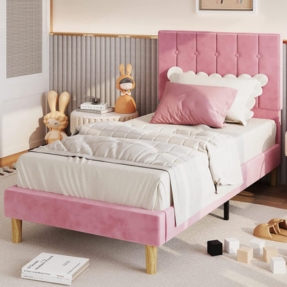 Twin Bed Frames, Velvet Upholstered Platform Bed Frame with Headboard and Strong Wooden Slats, No Box Spring Needed/Noise-Free/Easy Assembly, Pink