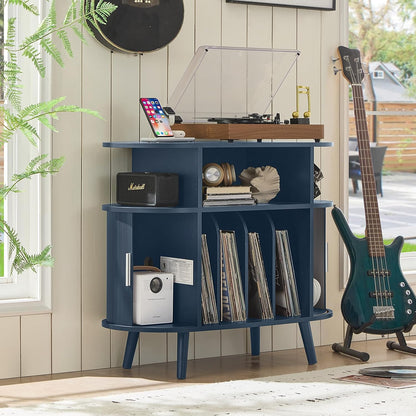 Large round Record Player Stand with Charging Station & Fluted Panel,Navy Blue Mid Century Modern Turntable Cabinet with Vinyl Storage, Arched Wood Record Player Table for Living Room