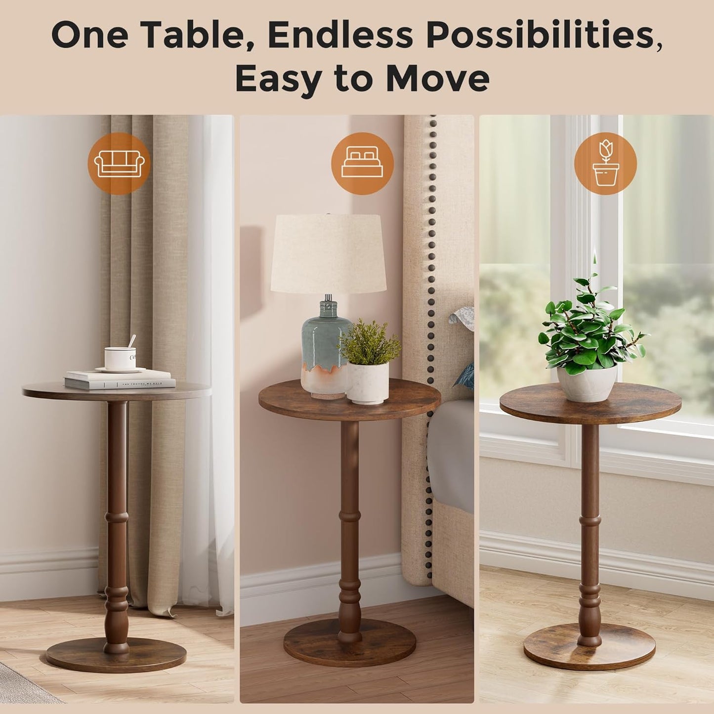 Round Side Table, Solid Wood Pillar, Large 15.7" Top, Small Accent Table for Living Room, Bedroom, Sofa, Entryway & Office, Easy Assembly, Rustic Brown