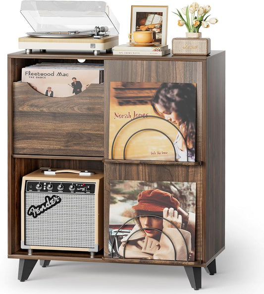 Record Player Stand with Vinyl Storage Drawer – Wooden Turntable Side Table for All Record Players and Speakers, Large LP Storage Cabinet for Living Room, Bedroom, or Office