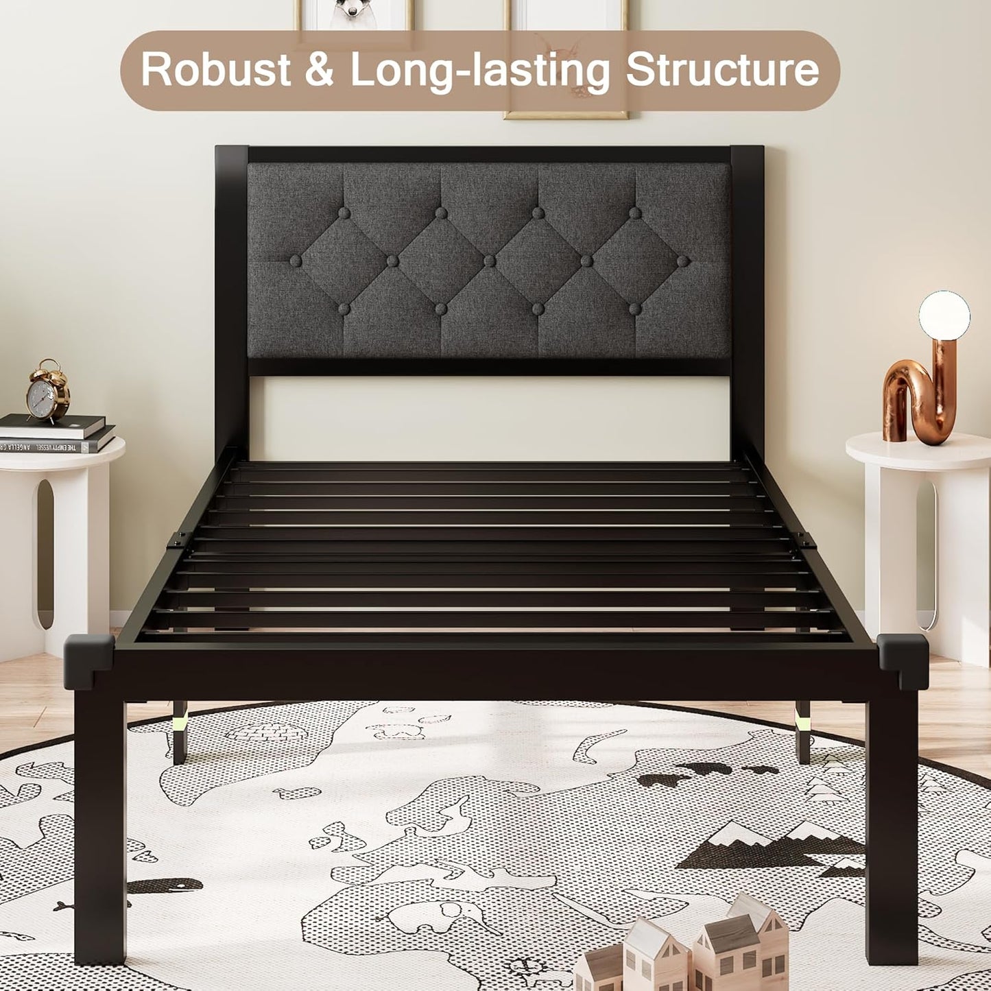 Twin Bed Frame, Platform Metal Bed Frame with Button Tufted Linen Upholstered Headboard, Sturdy Steel Slats, 12" Underbed Storage, No Box Spring Needed, Dark Grey