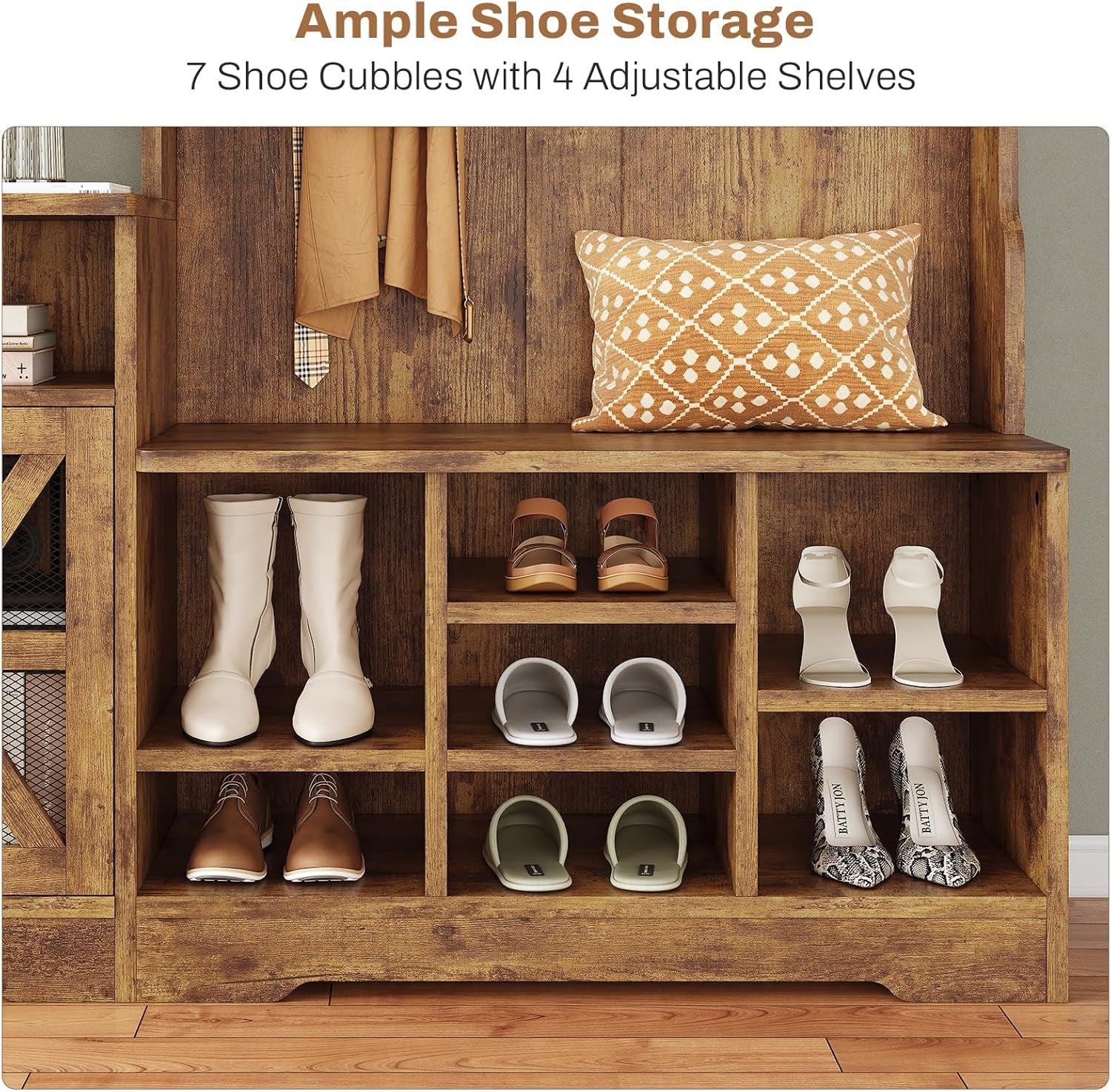 Hall Tree with Bench and Shoe Storage, Entryway Table, Entryway Furniture, 10 Compartments & 8 Double Hooks, Barn Door & Adjustable Shelf, Rustic Brown