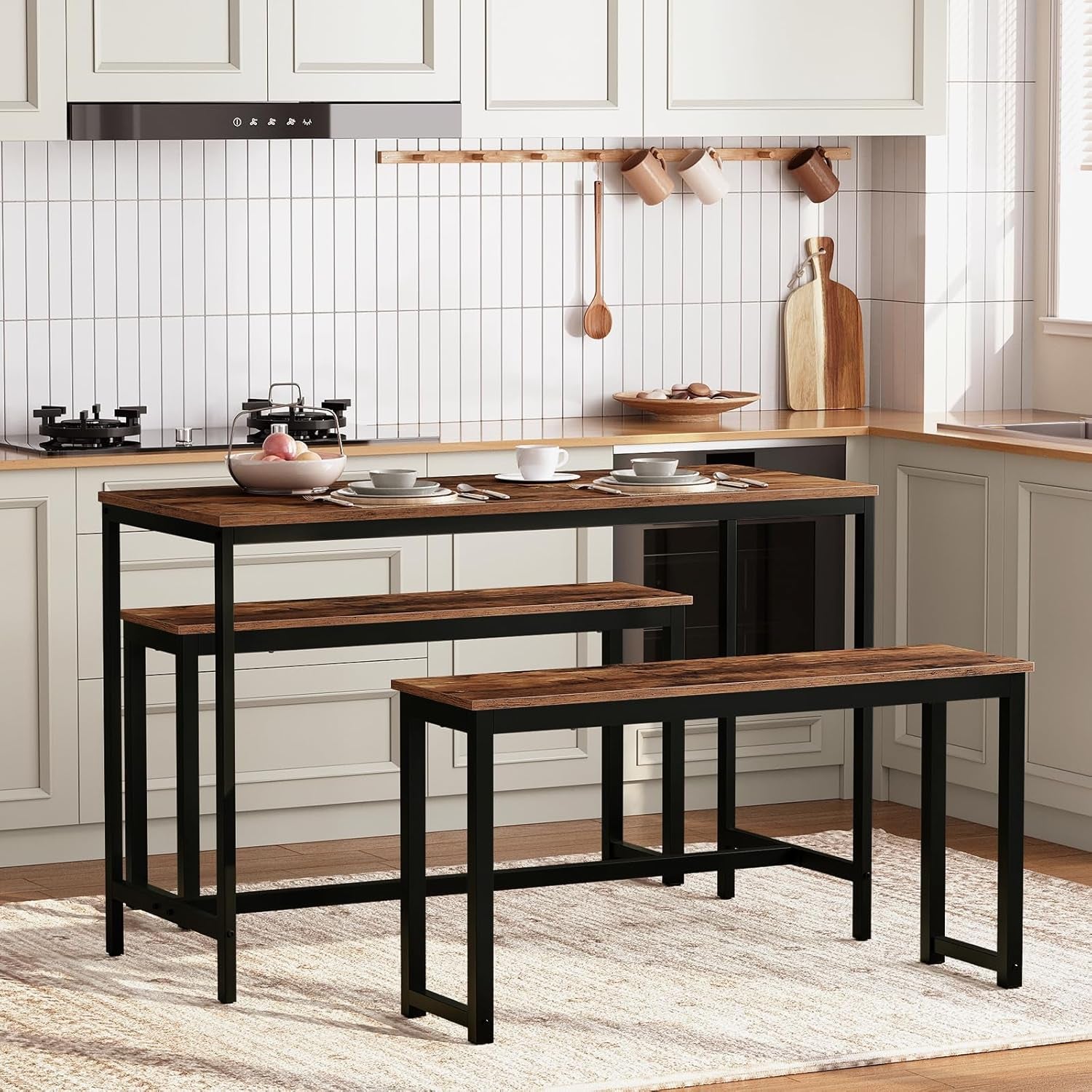 Dining Benches, Pair of 2 Industrial Style Indoor Benches, Durable Metal Frame, for Kitchen, Dining Room, Living Room, Rustic Brown BF01CD01