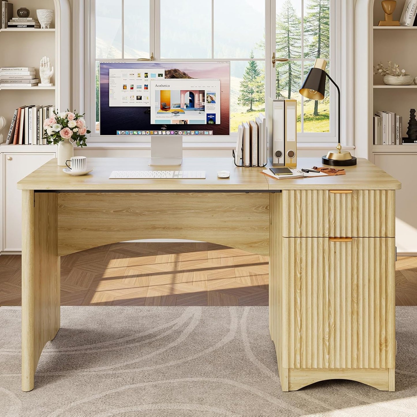 47 Inch Computer Desk with Drawer, Office Desk with File Cabinet, Modern Executive Desk Adjustable Shelves for Home Office Bedroom Study, Natual Oak