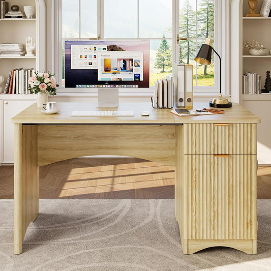47 Inch Computer Desk with Drawer, Office Desk with File Cabinet, Modern Executive Desk Adjustable Shelves for Home Office Bedroom Study, Natual Oak