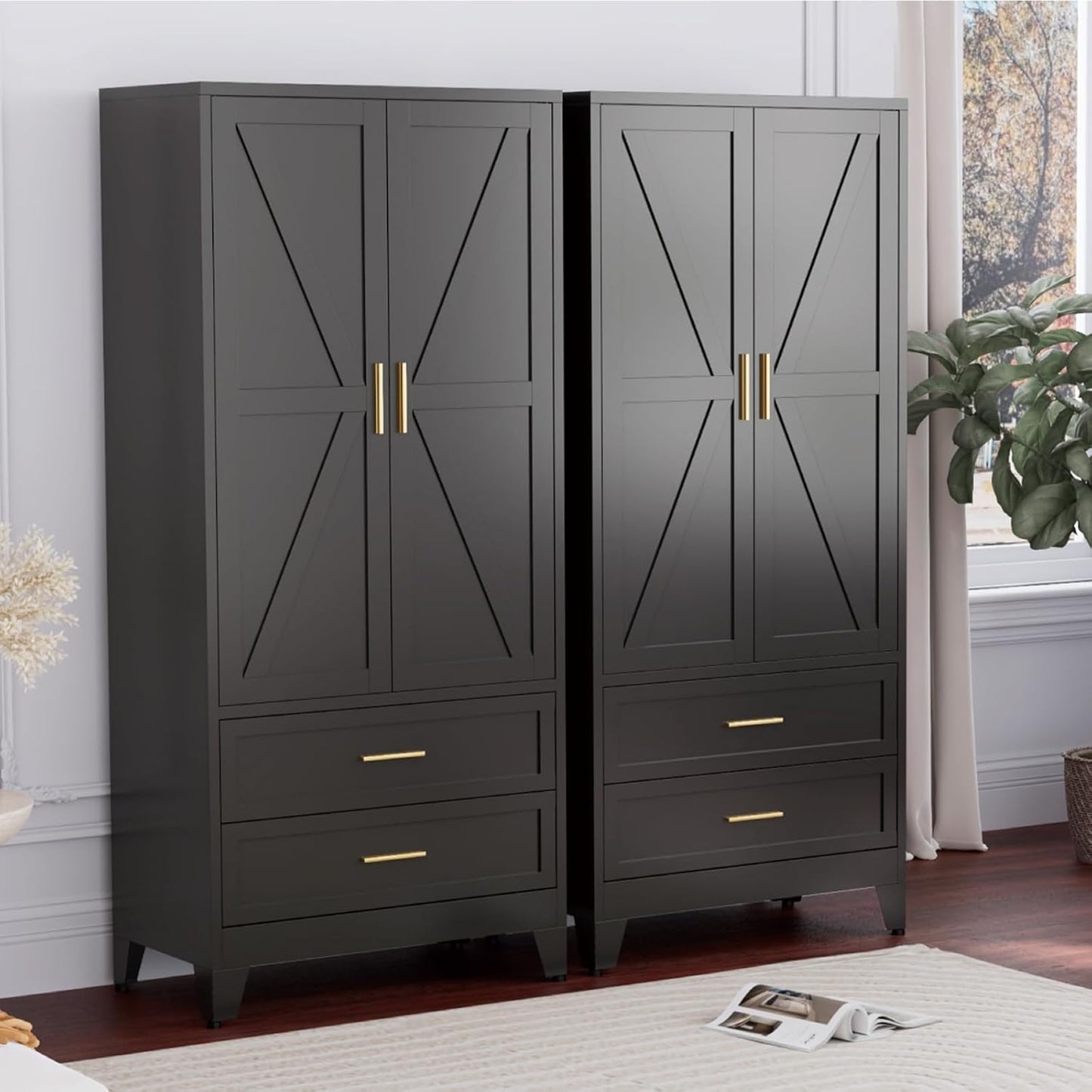 Black Metal Wardrobe Closet, Armoire Wardrobe with Two Drawers Clothes Cabinet for Bedroom, 71" Tall Farmhouse Steel Armoire Closet with Drawers and 2 Doors Clothing Storage Cabinet with Hanging Rod
