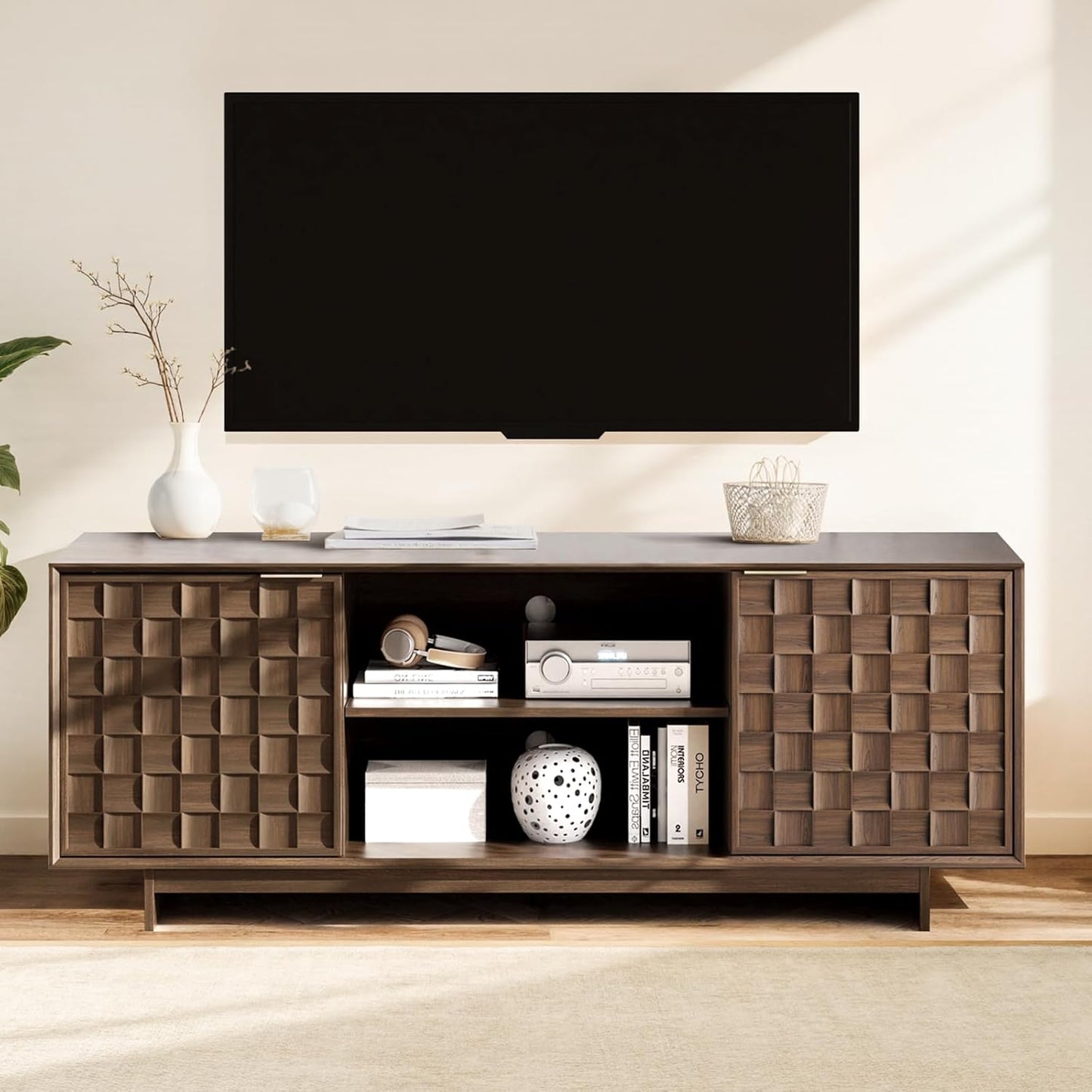 TV Stand with Two Doors, Entertainment Center 59" with Adjustable Shelves and Storage, Mid-Century Modern TV Stand for 50/55/65 Inch TV, Media Console Cabinet for Living Room, Bedroom Walnut