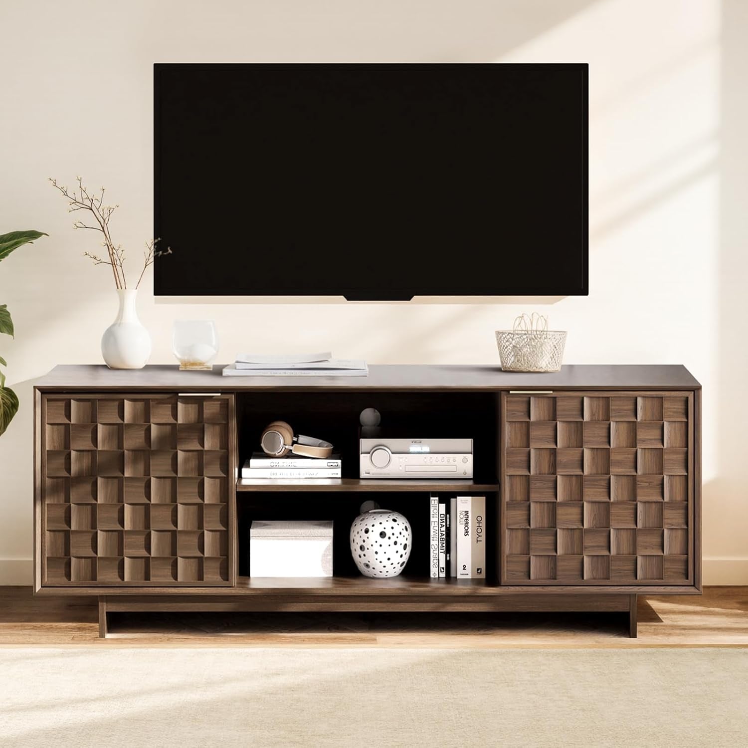TV Stand with Two Doors, Entertainment Center 59" with Adjustable Shelves and Storage, Mid-Century Modern TV Stand for 50/55/65 Inch TV, Media Console Cabinet for Living Room, Bedroom Walnut