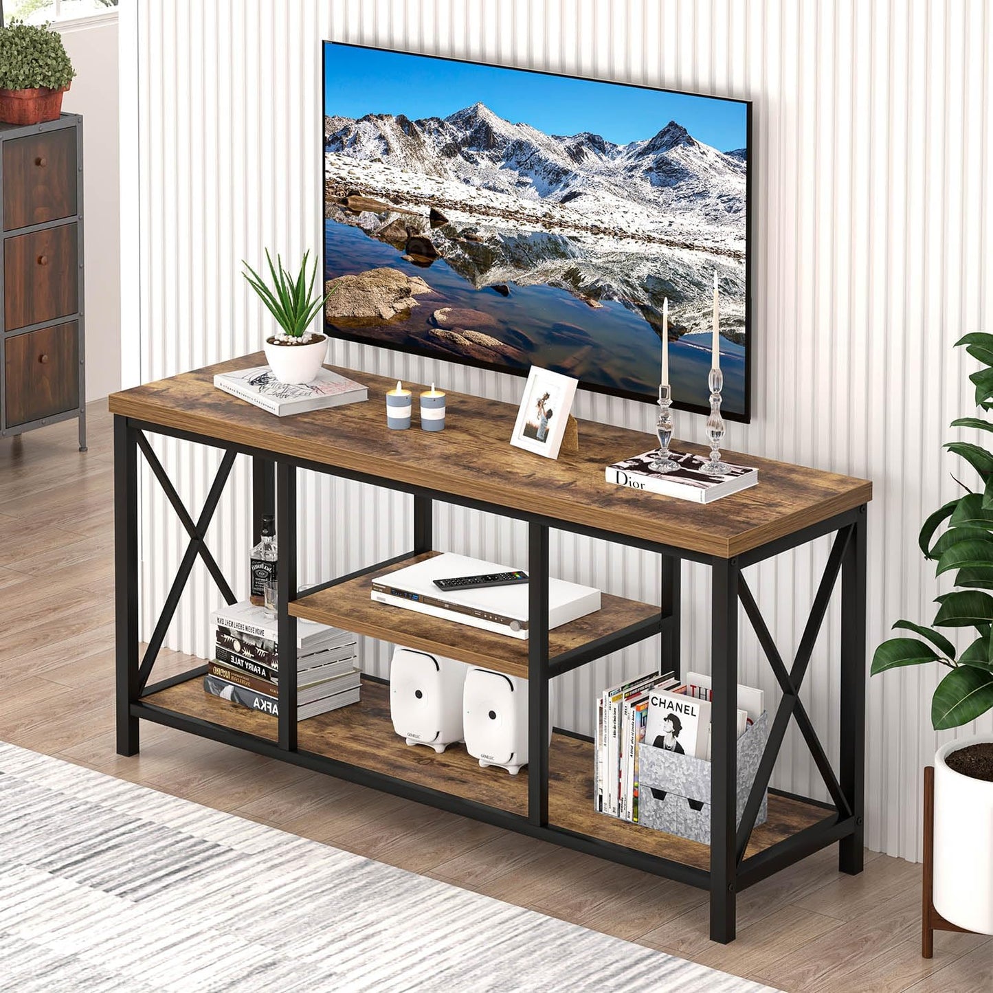 TV Stand for Televisions up to 55 Inch, Modern Entertainment Center with Storage, Industrial Media TV Console Table for Living Room Bedroom, Rustic Brown 47 Inch