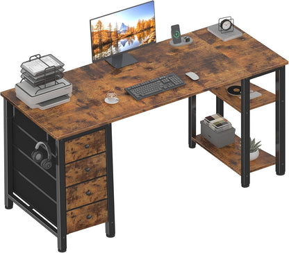 63 Inch Computer Desk with 4 Fabric Drawers & Storage Shelves, Writing Work Study Desk for Home Office Bedroom, Modern Simple Student PC Desks Table, Rustic Brown