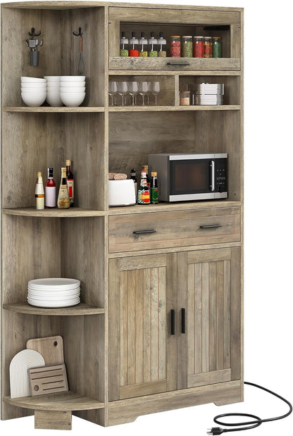Kitchen Pantry Storage Cabinet, 67" Tall Kitchen Hutch with Outlet & Door & Shelves & Drawer, Farmhouse Wooden Microwave Stand Buffet Coffee Bar for Home Living Dining Room, Antique Gray