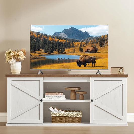 Farmhouse TV Stand for Tvs up to 65 Inches, Entertainment Center with Storage Cabinets and Sliding Barn Doors, Media Console Table for Living Room, Rustic White and Honey Brown ULTV535W01