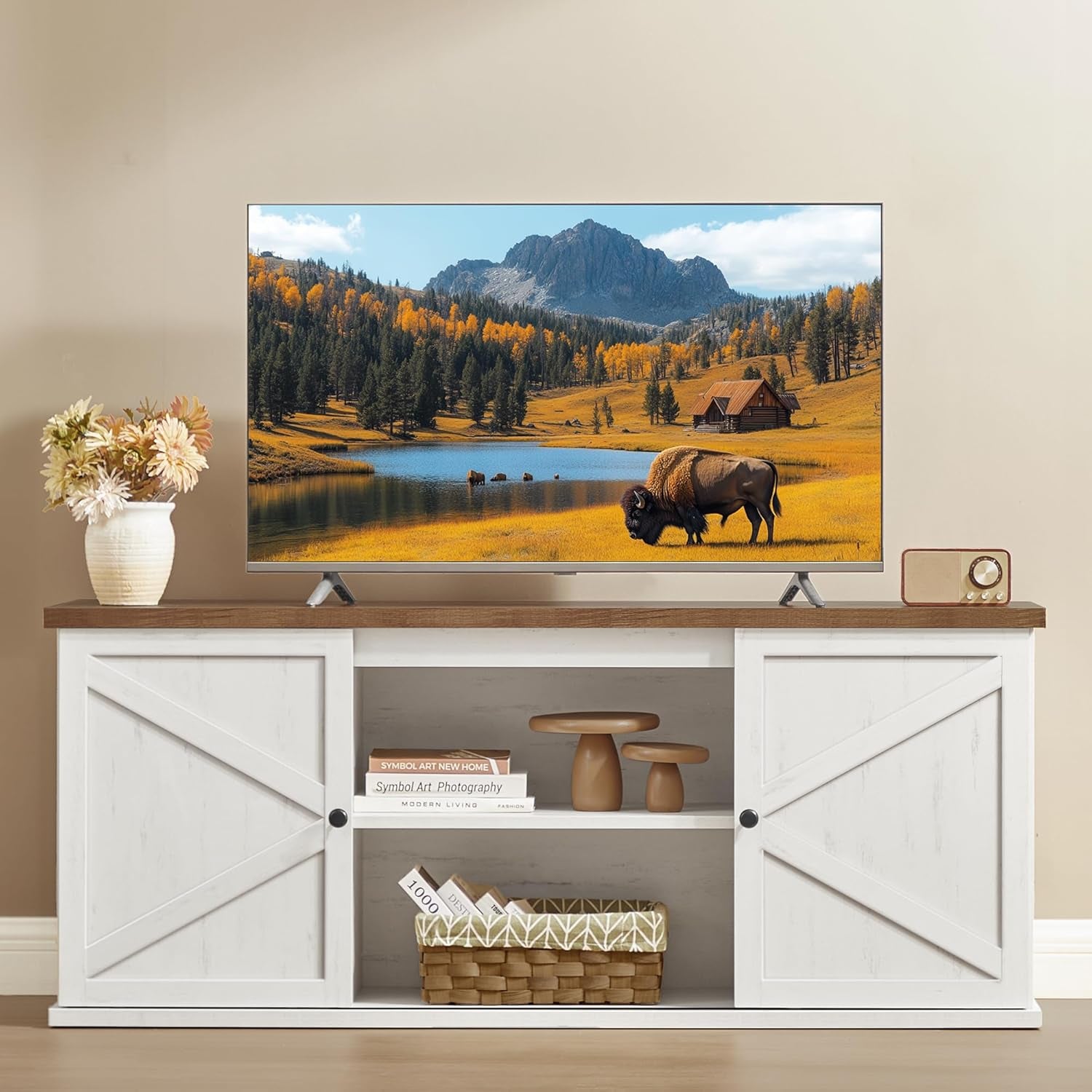 Farmhouse TV Stand for Tvs up to 80 Inches, Entertainment Center with Storage Cabinets and Sliding Barn Doors, Media Console Table for Living Room, Rustic White and Honey Brown ULTV537W01