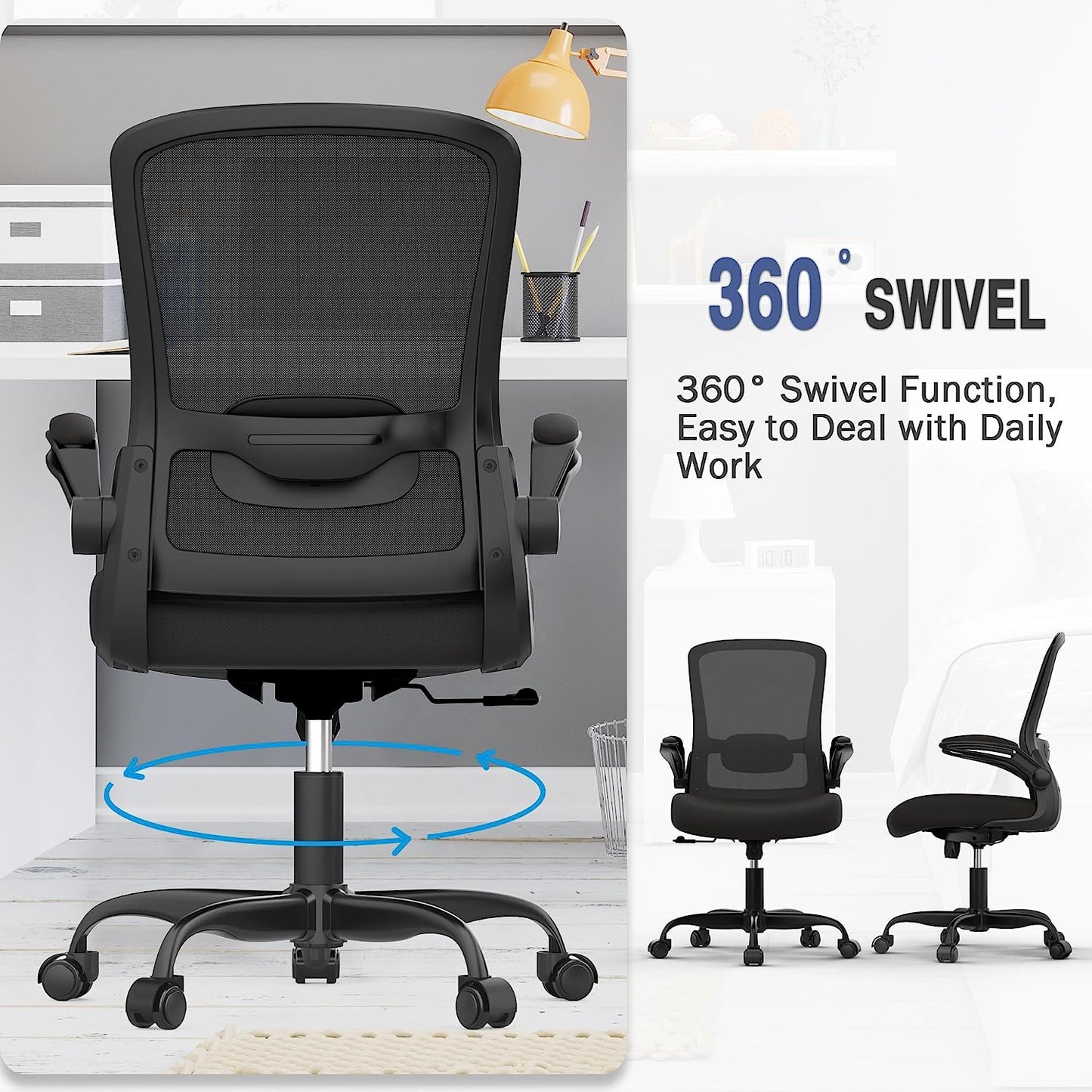 Ergonomic Office Chair - BIFMA Certified, Flip-Up Armrests & 135° Recline, Adjustable Lumbar Support - Space-Saving Task Chair for Business/Team Office & Home (Black, 300Lbs)