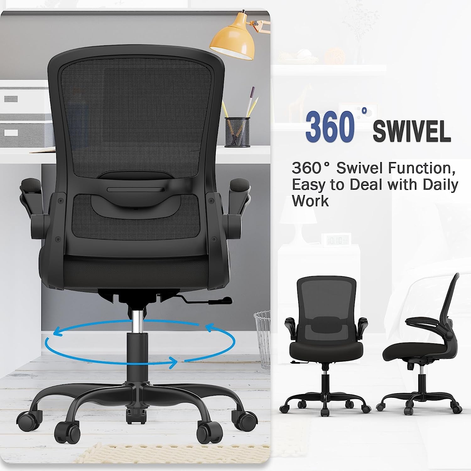 Ergonomic Office Chair - BIFMA Certified, Flip-Up Armrests & 135° Recline, Adjustable Lumbar Support - Space-Saving Task Chair for Business/Team Office & Home (Black, 300Lbs)