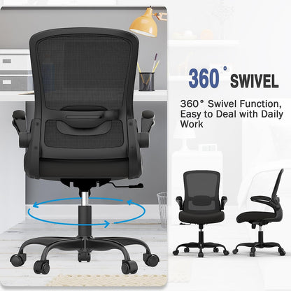 Ergonomic Office Chair - BIFMA Certified, Flip-Up Armrests & 135° Recline, Adjustable Lumbar Support - Space-Saving Task Chair for Business/Team Office & Home (Black, 300Lbs)