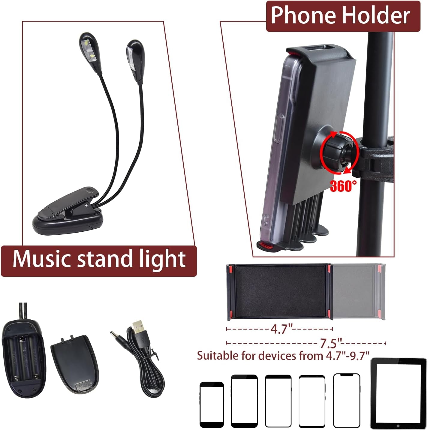 Sheet Music Stand with Light and Phone Holder, 57" Portable Music Stand for Sheet Music High Stability, Height Adjustable Music Stands with Carrying Bag(33-57Inch, Plate without Hole)