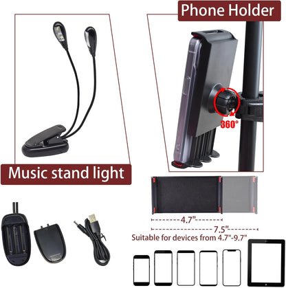 Sheet Music Stand with Light and Phone Holder, 57" Portable Music Stand for Sheet Music High Stability, Height Adjustable Music Stands with Carrying Bag(33-57Inch, Plate without Hole)
