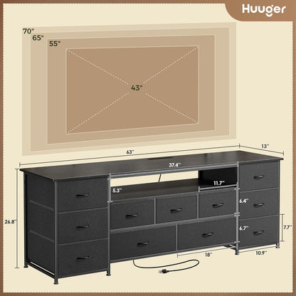 63 Inch TV Stand for 65, 70 Inch TV, 11 Drawer Long Dresser with Power Outlets and LED Lights, Entertainment Center with Storage, Black Dresser with PU Leather Surface