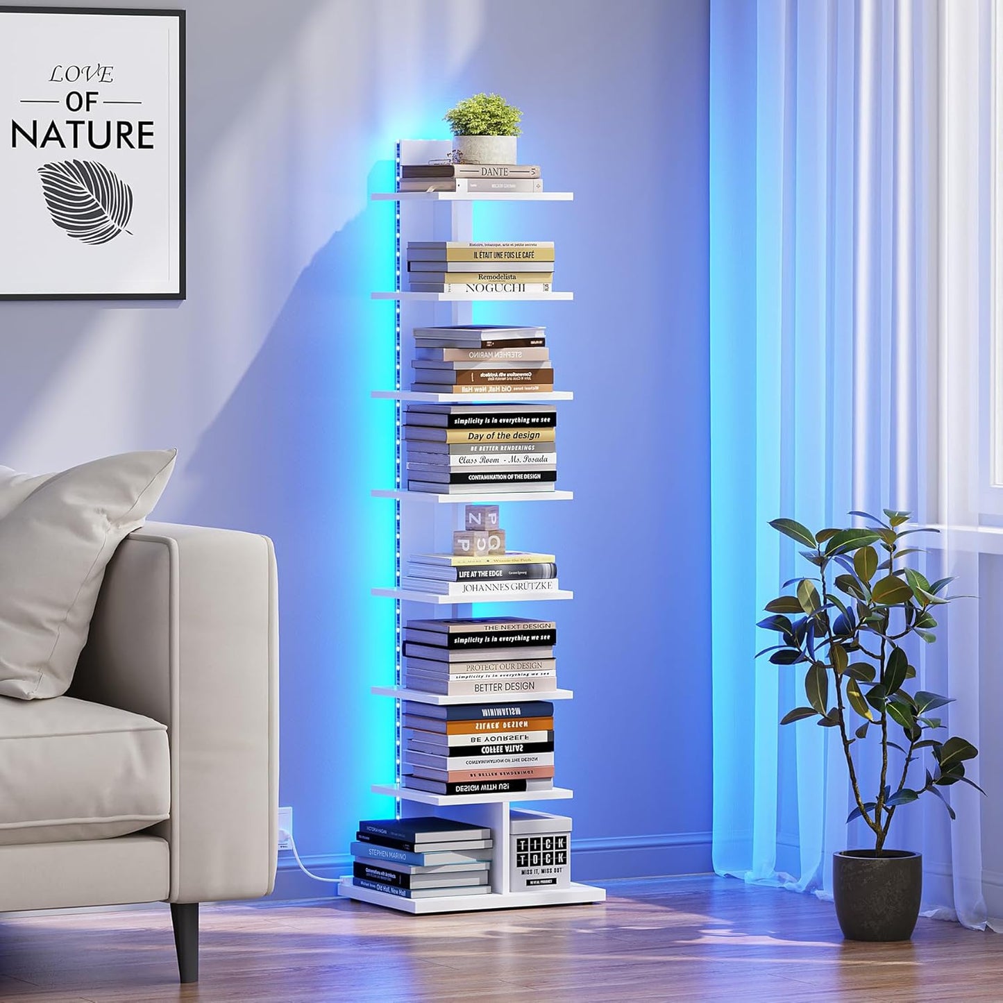 Narrow Bookshelf, 8-Tier Bookcase with LED Lights, Spine Book Shelf for Small Space, Corner Standing Shelf for Living Room, Office, Study, Entryway, White BS06BW008L