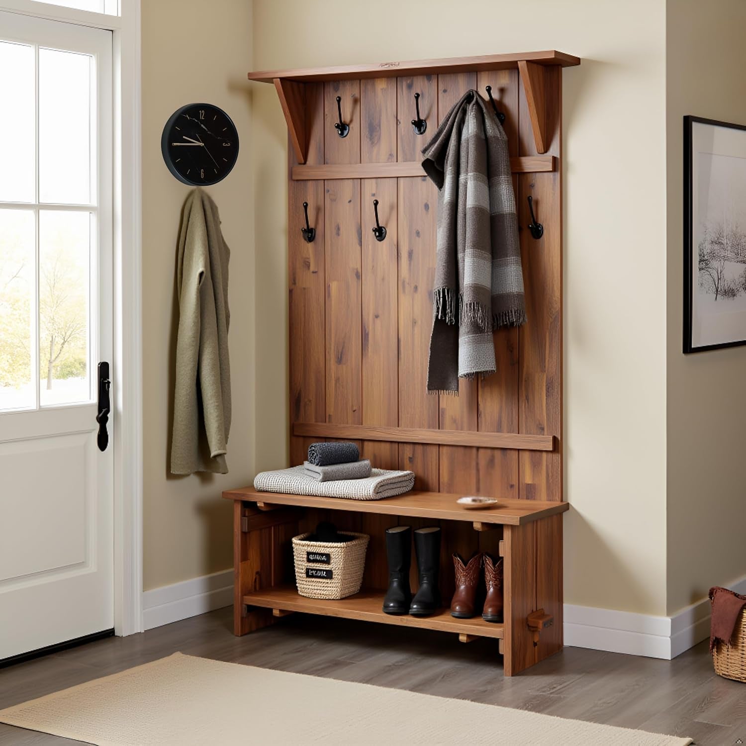Bethel 70-Inch Acacia Wood Hall Tree with Bench, Storage Shelves & Metal Coat Hooks – Entryway Organizer for Mudroom, Hallway, or Kitchen (Natural Aged Brown Finish)