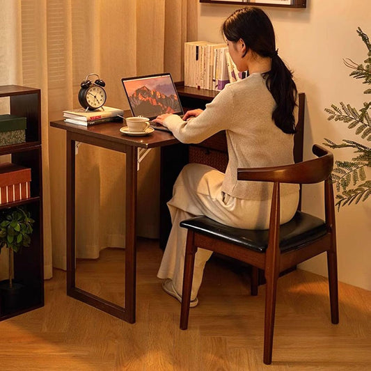 Bamboo Folding Desk with Storage Shelves, Space Saving Mid Century Modern Bookcase with Drop down Table, Hide Away Desk for Home Bedroom Study Office
